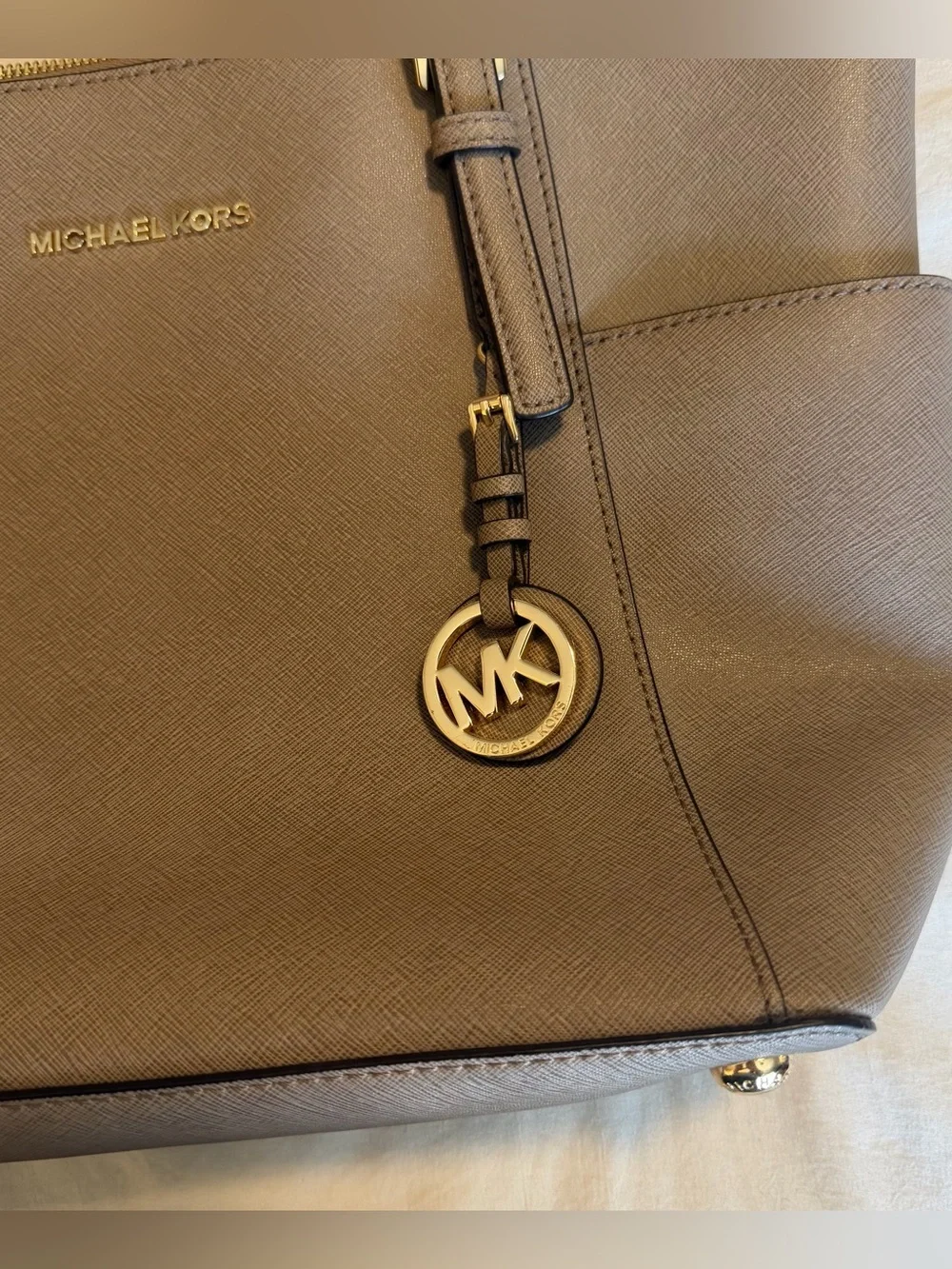Michael Kors Taupe Saffiano Leather Tote with Gold Logo Charm